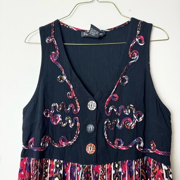 Jamie Brooke black colorful tribal print applique faux button tank midi dress 12 - Picture 2 of 6